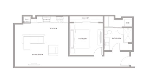 Floor plan for 1 bed, 1 bath, 763 sqft
